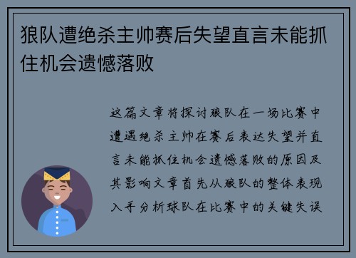 狼队遭绝杀主帅赛后失望直言未能抓住机会遗憾落败