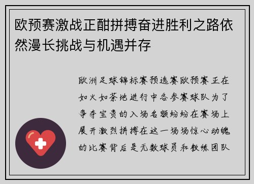 欧预赛激战正酣拼搏奋进胜利之路依然漫长挑战与机遇并存