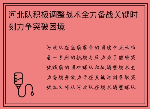 河北队积极调整战术全力备战关键时刻力争突破困境