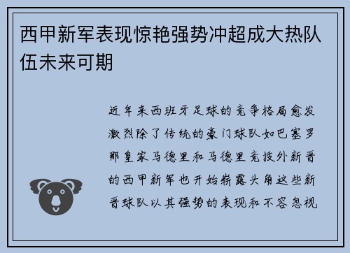西甲新军表现惊艳强势冲超成大热队伍未来可期