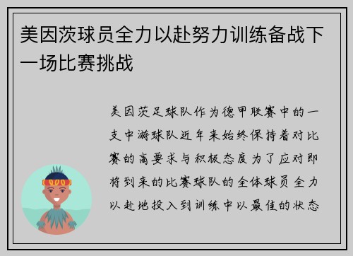 美因茨球员全力以赴努力训练备战下一场比赛挑战