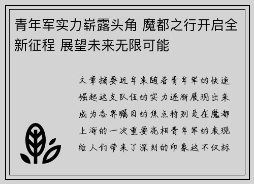 青年军实力崭露头角 魔都之行开启全新征程 展望未来无限可能