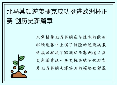 北马其顿逆袭捷克成功挺进欧洲杯正赛 创历史新篇章