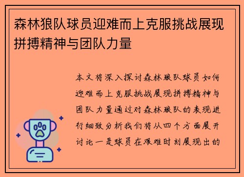森林狼队球员迎难而上克服挑战展现拼搏精神与团队力量