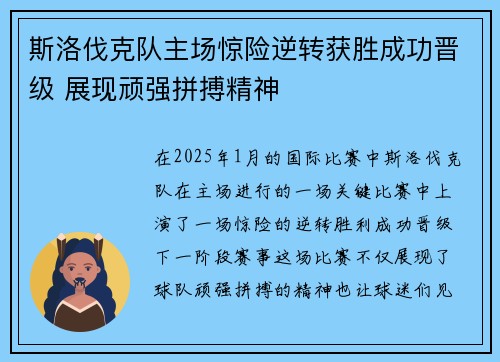 斯洛伐克队主场惊险逆转获胜成功晋级 展现顽强拼搏精神
