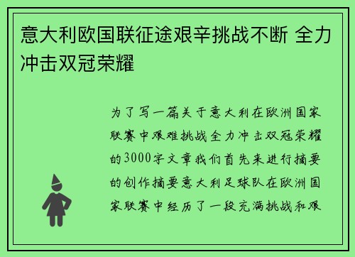 意大利欧国联征途艰辛挑战不断 全力冲击双冠荣耀